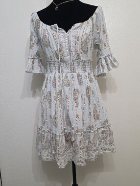 Ananta Light Blue Paisley Tie-Front Mini  Dress